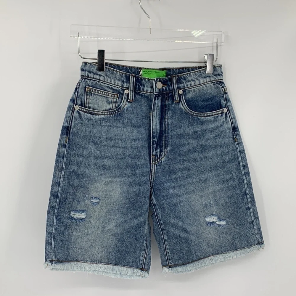 Sandrine Rose cut-off long denim jean shorts distressed frayed hem blue new 28